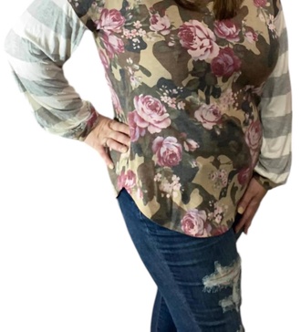 camo and floral puff sleeve top in green