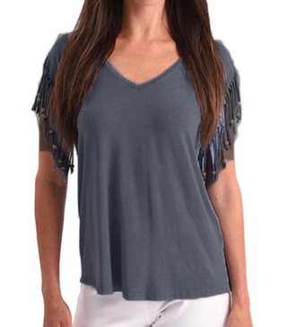 stone wash cut out fringe beaded sleeve top in charcoal