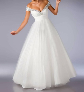 crystal off the shoulder gown in white