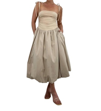 drop waist bubble hem midi dress in beige