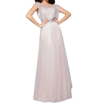beaded illusion gown in sand