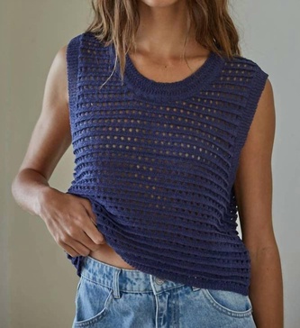 knit crocheted sleeveless sweater in midnight blue