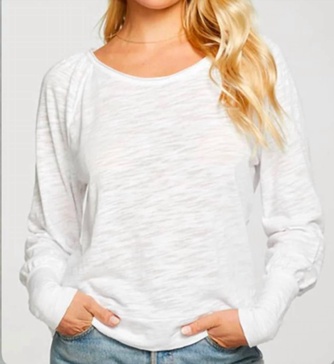long sleeve slub jersey bishop sleeve pullover in white