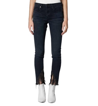 bond frayed slanted hem skinny jean in dark blue