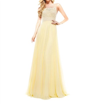 strappy lace bodice a-line gown in yellow
