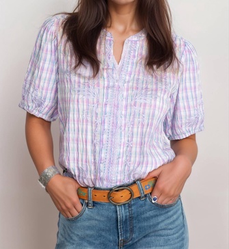 malo puff sleeve blouse in plaid with purple floral embroidery