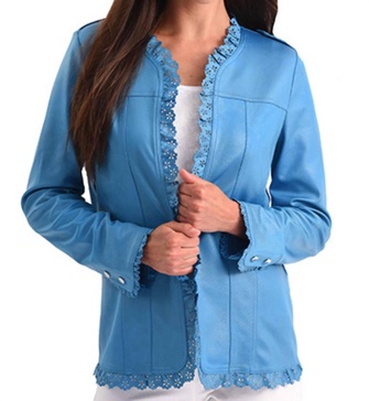 microfiber leather laser cut open jacket in turquoise