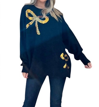 sequin bow fuzzy pullover sweater in navy