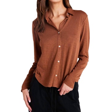 long sleeve knit button down top in twilight gold