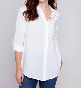 long linen button down shirt in white
