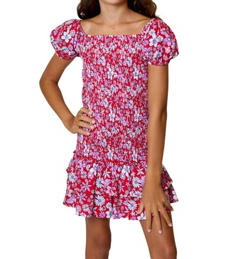 girls smocked off-the-shoulder floral dress in red