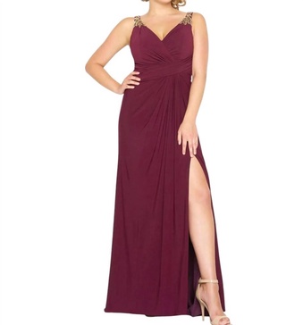 grecian-inspired sleeveless jersey prom dress - plus in burgundy