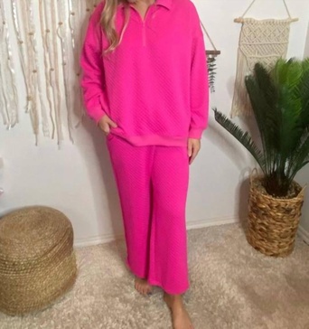 quarter zip sweater and pants set in hot pink