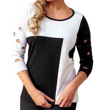 color block crew sweater in black/white