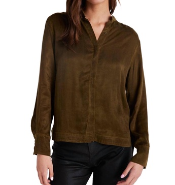 mandarin collar button down shirt in autumn olive