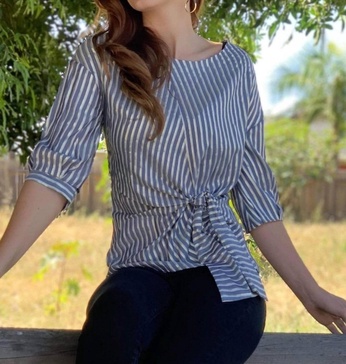 yang top front tie blouse in stripe gold  lurex