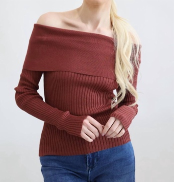 off the shoulder fitted sweater in burgundy