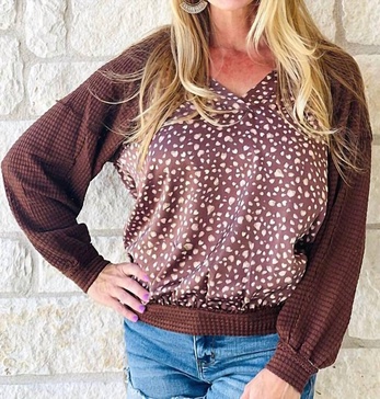 animal print woven top in brown