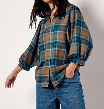 soft touch balloon sleeve check shirt in brown
