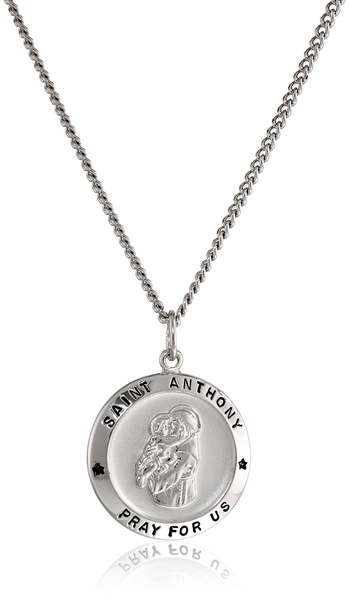 Amazon Essentials womens Sterling Silver Round Saint Anthony Pendant Necklace with Rhodium Plated Stainless Steel Chain, 20", (previously Amazon Collection)