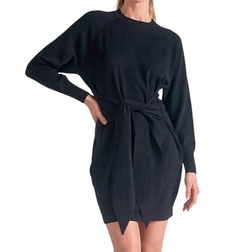 front tie sweater dress in black