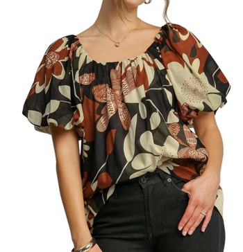 puff sleeve abstract print round neck top in rust mix