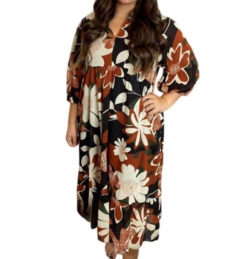 floral maxi dress in rust and black