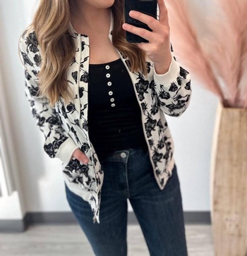 floral bomber jacket in white, black