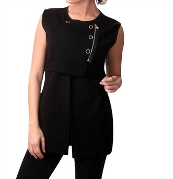 side snap & zip long vest in black
