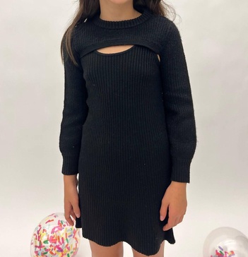 girl's long sleeve ribbed dress in black
