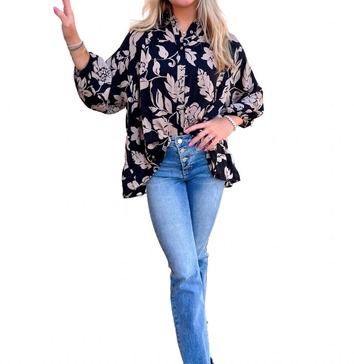 tara floral printed button down gauze blouse in black