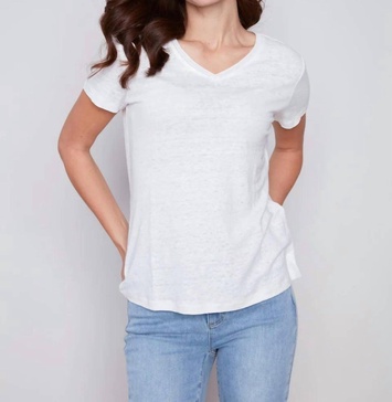 short sleeve v neck linen t shirt in natural