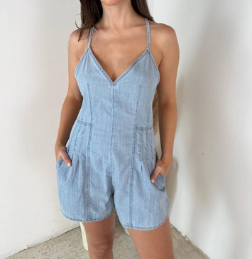 chambray denim romper in nude