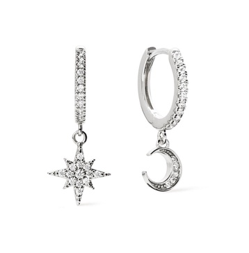Crescent Moon Huggie Hoops - Celeste Silver