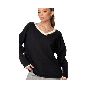 Women's Contrast V Neck Knit Sweater
