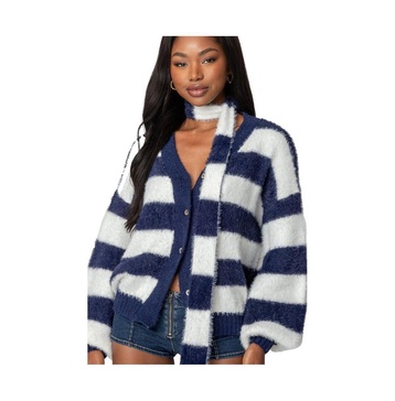 Womens Striped Two Piece Knit Scarf Cardigan