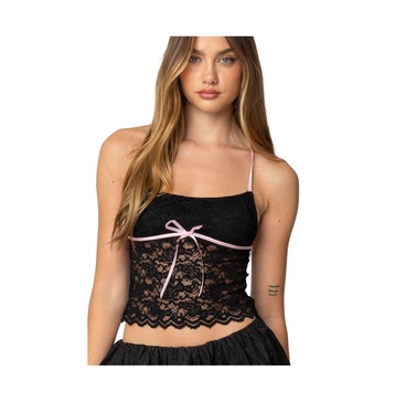 Womens Contrast Ribbon Lace Halter Top