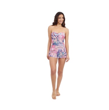 Women's Karma Sweetheart Bandeau Swimdress One Piece Longer Skirt Soft Cups Tummy Control Adjustable Removeable Straps