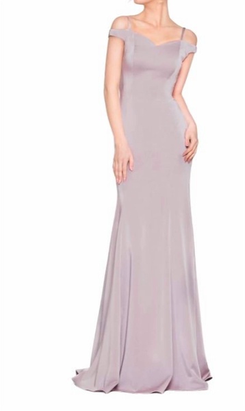 off shoulder jersey gown in wisteria