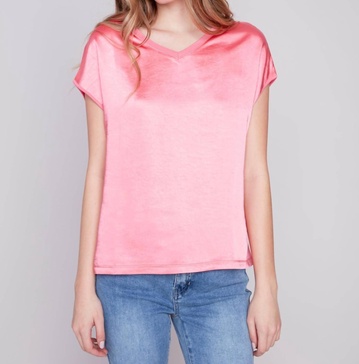 satin knit combo v-neck top in pink
