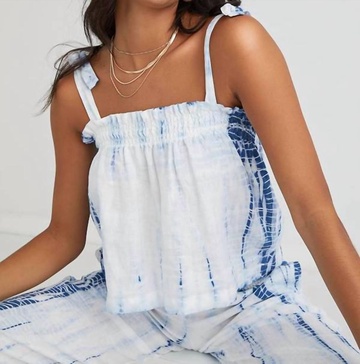 tie shoulder top in navy tie dye