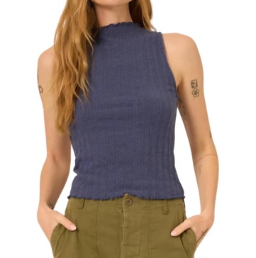 chasing you funnel neck rib tank in rich indigo