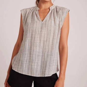 shirred pullover cap sleeve top in eze slub stripe