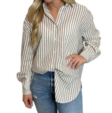 striped button up shirt in mushroom and white