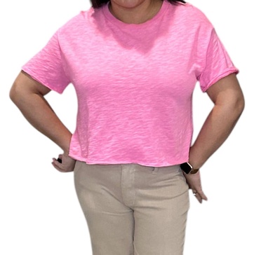 raw edge cropped tee shirt in pink