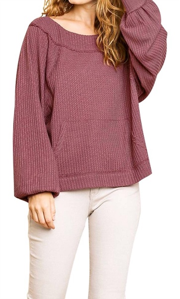 kangaroo pocket waffle knit top in berry