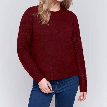 fishnet sleeve crew neck sweater in cabernet