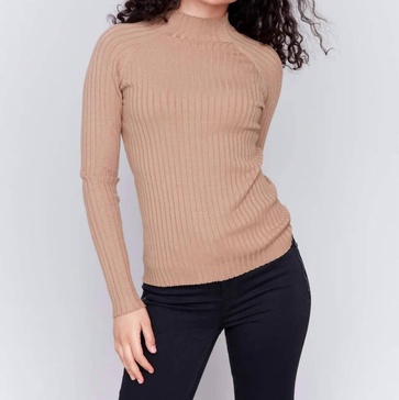 ribbed fine mock neck sweater in truffle