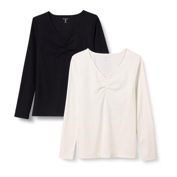 Amazon Essentials Women's Cinched V-Neck Long Sleeve Slim-Fit Rib-Knit T-Shirt, Pack of 2
