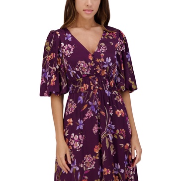 kensie Women's Puff Sleeve Ruffle Trim Midi Dress